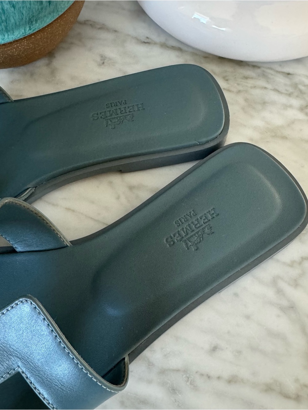 Hermes Women’s Oran Slide Sandals in Bleu Pinede - Picture 5 of 6